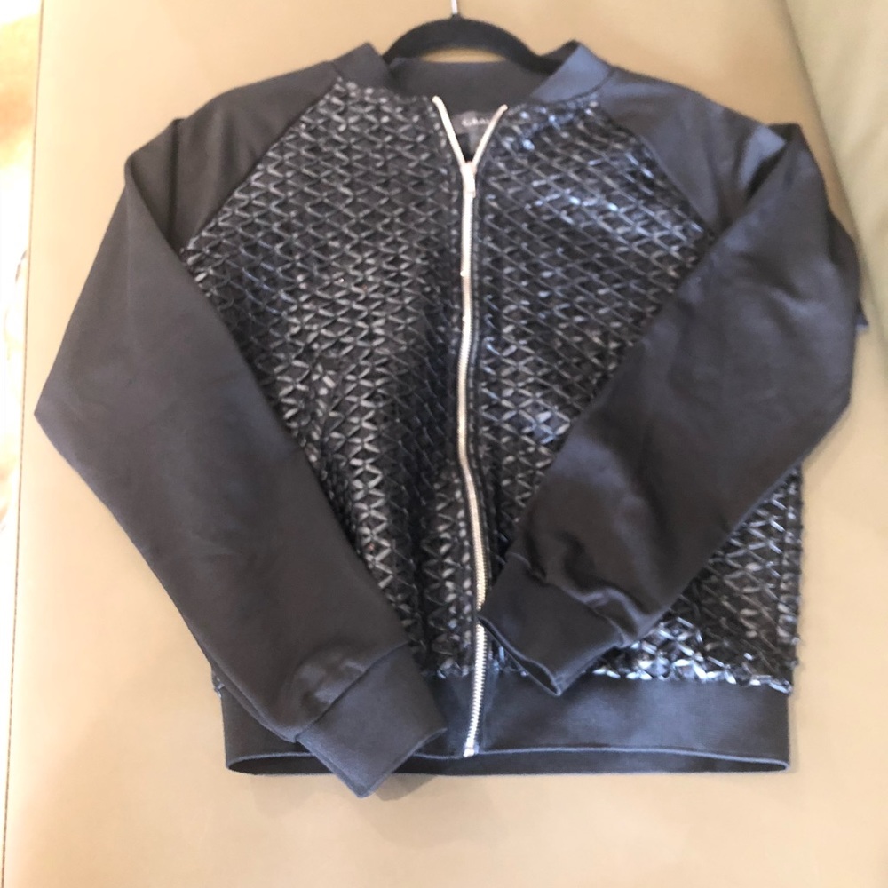 Leather woven baseball style jacket with crystals